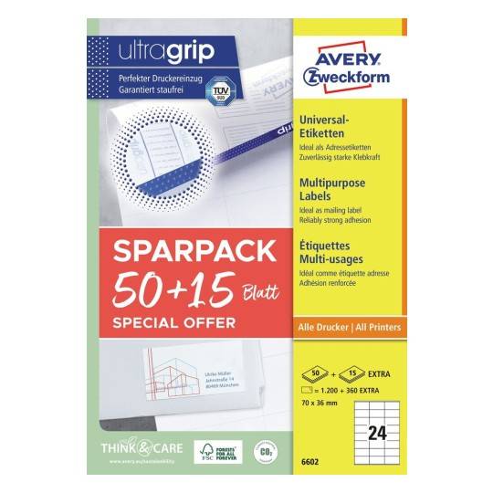 AVERY Zweckform Universal-Etiketten, 70 x 36 mm, 50 + 15 Bl. (72066020)
