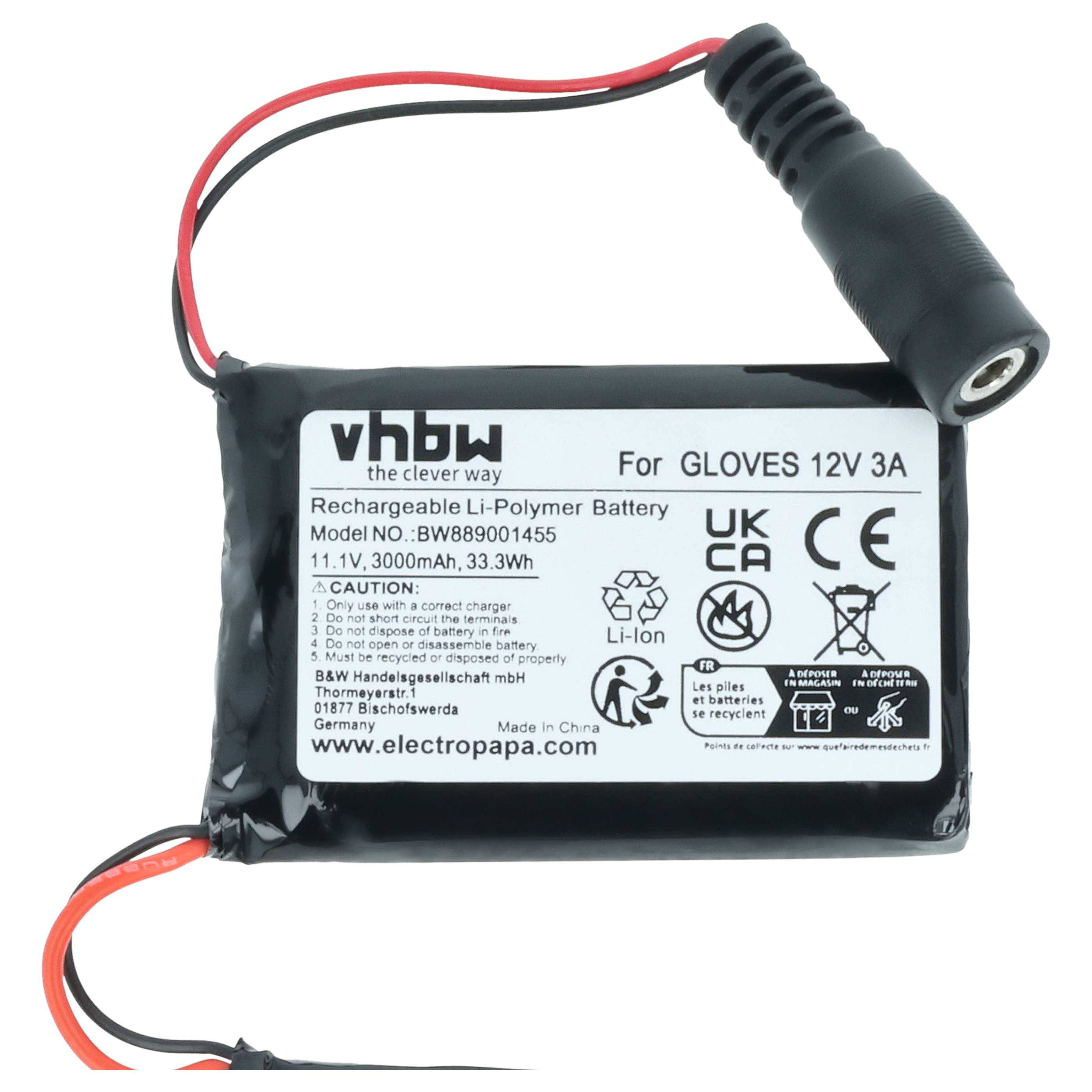 vhbw Akku kompatibel mit Macna Gloves 12V 3A 3 beheizbaren Handschuhen (3000 mAh, 11,1 V, Li-Polymer)