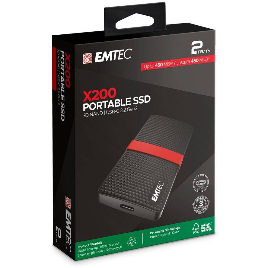 EMTEC X200 - SSD - 2 TB - extern (tragbar) - USB 3.2 Gen 1 (USB-C Steckverbinder)