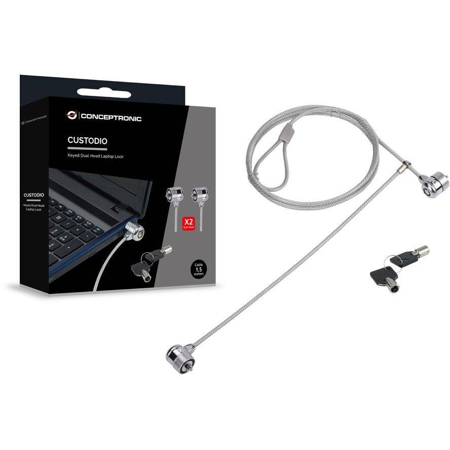 Conceptronic Doppel-Notebook-Schloss, Laptop-Kabelschloss mit 2 Schlössern, 1,5 Meter, 1,5 m, 2 Schlüssel, Silber