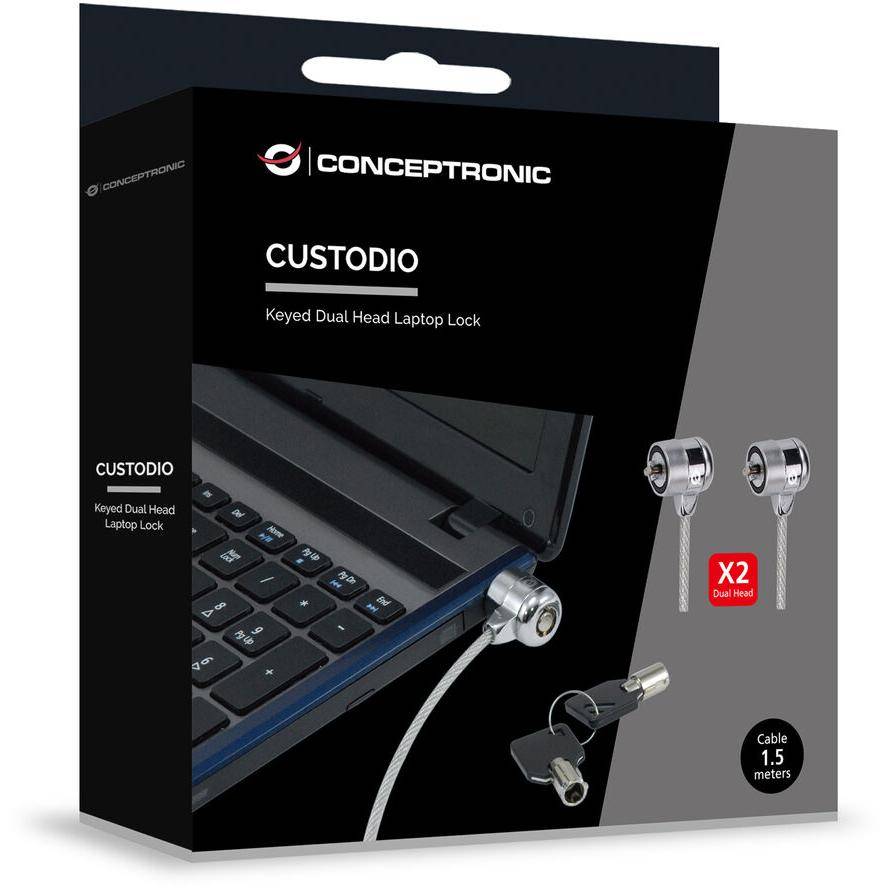 Conceptronic Doppel-Notebook-Schloss, Laptop-Kabelschloss mit 2 Schlössern, 1,5 Meter, 1,5 m, 2 Schlüssel, Silber