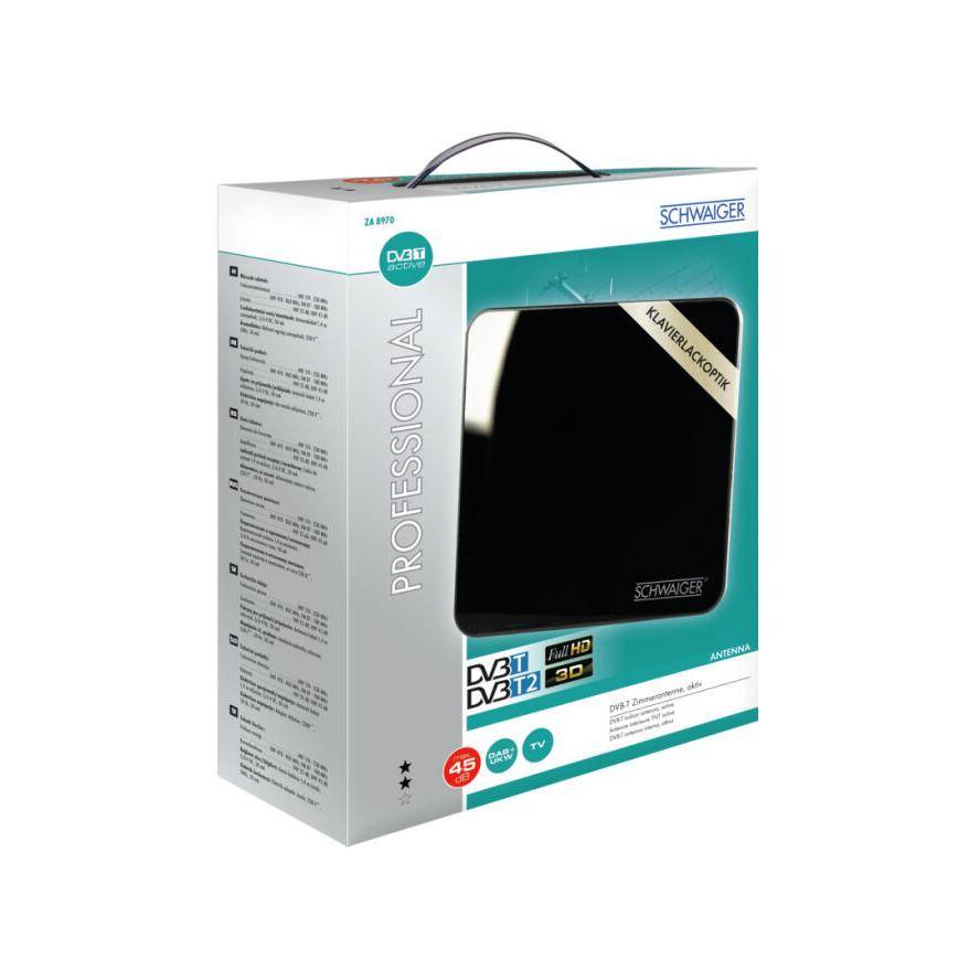 Schwaiger ZA8970011 Aktive DVB-T/T2 Flachantenne Innenbereich Verstärkung: 45 dB Schwarz