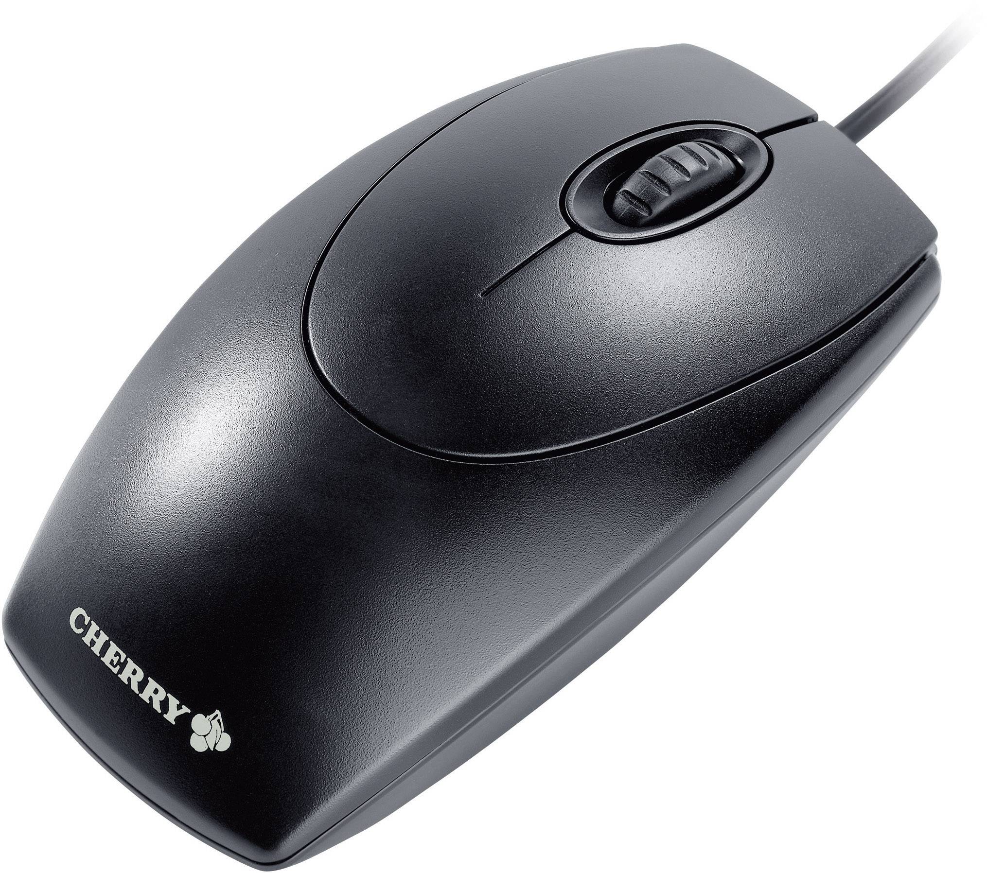 Eine schwarze kabelgebundene Computermaus mit einem Scrollrad und dem Markennamen 'CHERRY' auf der Oberseite.
