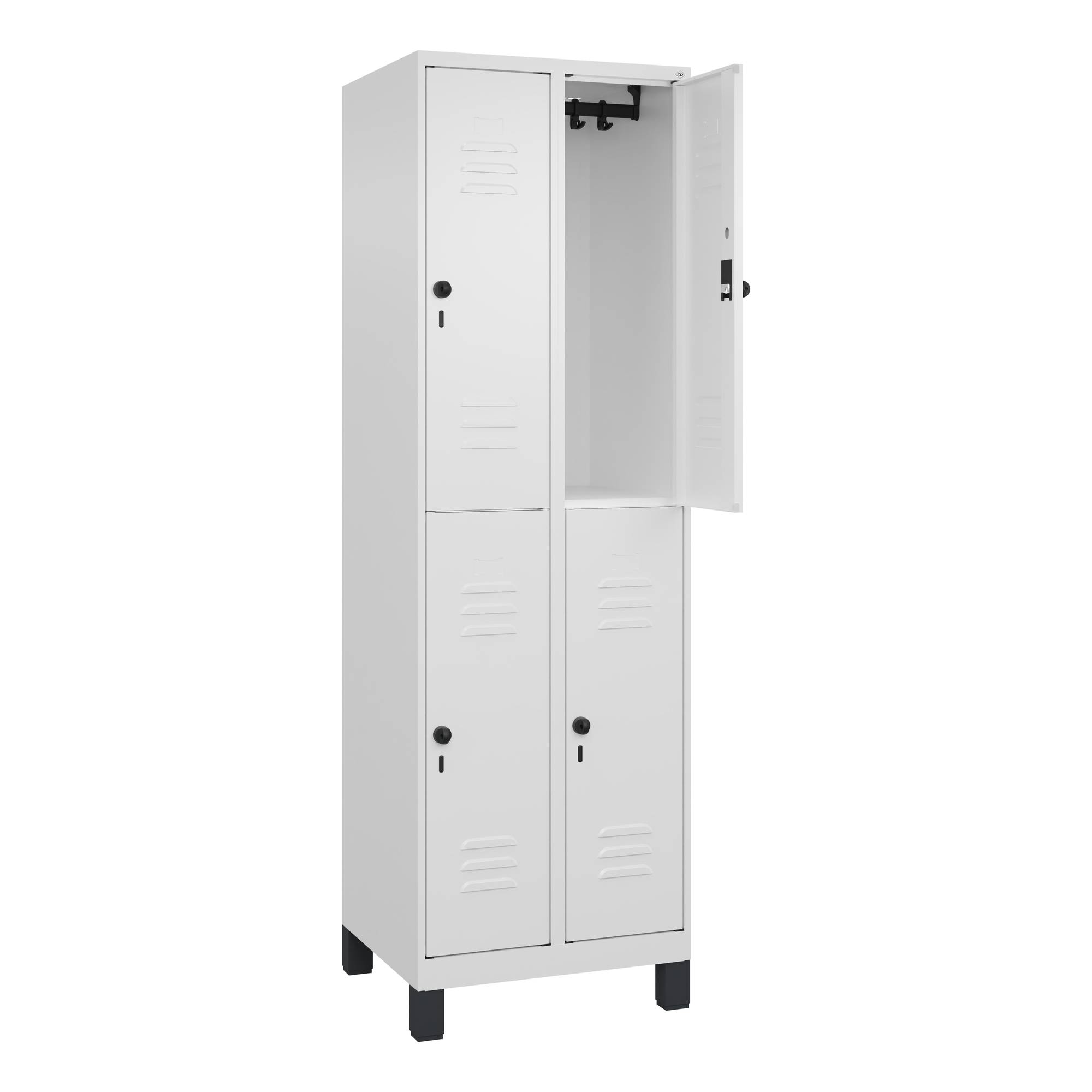 Doppelstock-Spind Classic PLUS 2 Abteile verkehrsweiß HxB 1950 x 600 mm mit Füßen Drehriegel. C+P