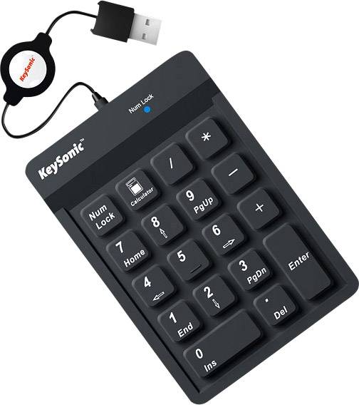 Keysonic ACK-118BK USB Nummernblock Flexibel, Kabeleinzug, Staubgeschützt, Spritzwassergeschützt Schwarz