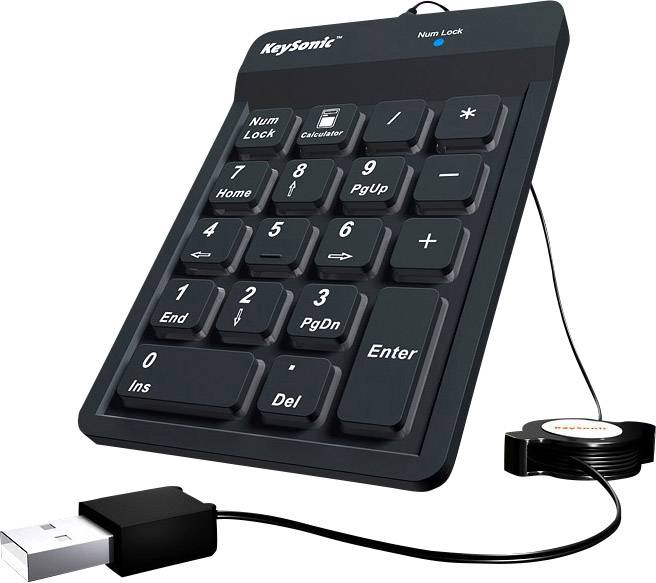Keysonic ACK-118BK USB Nummernblock Flexibel, Kabeleinzug, Staubgeschützt, Spritzwassergeschützt Schwarz