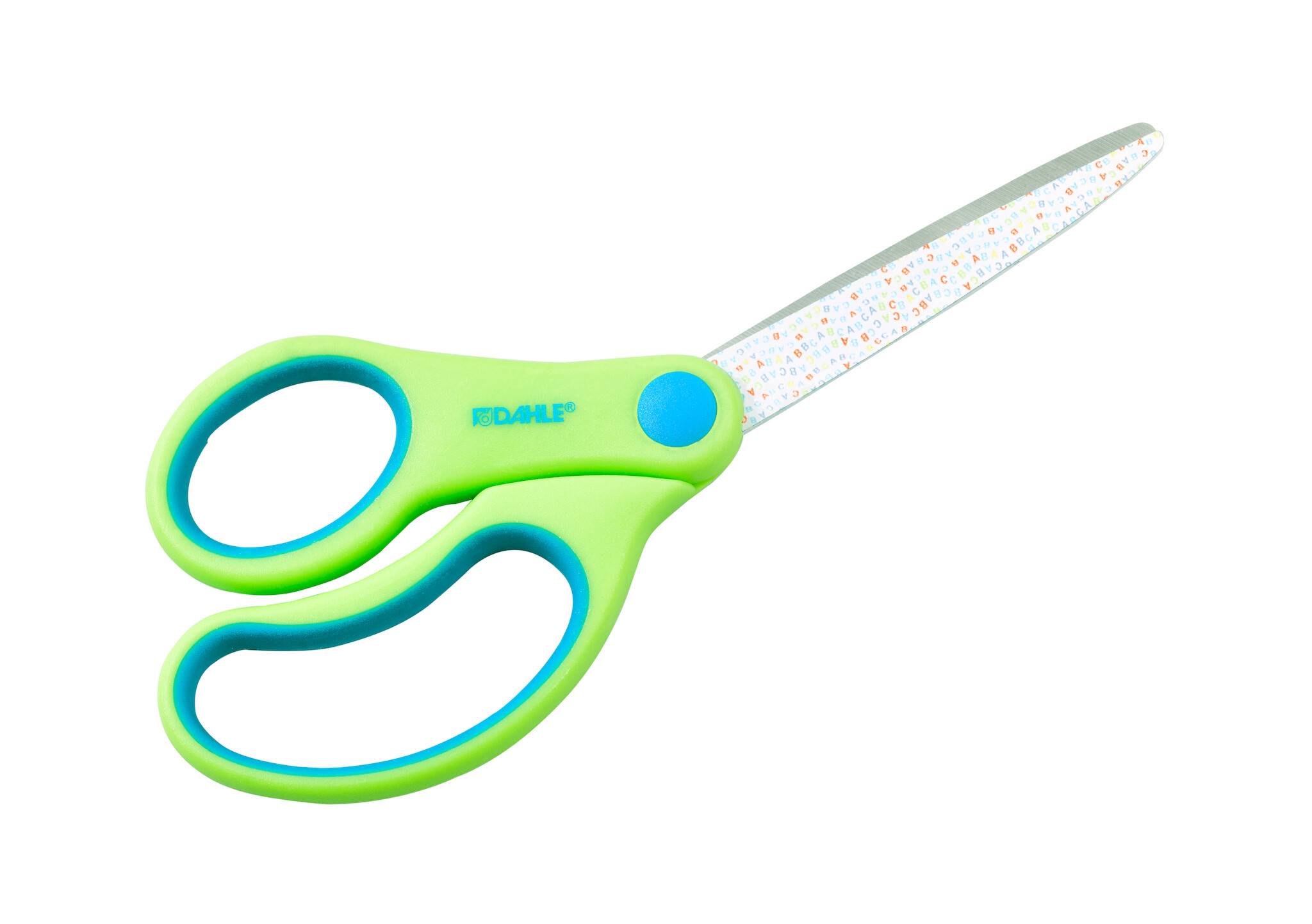 Kinderschere Kids spitz 5,5 Zoll 14cm, grün Motiv: ABC, Linkshand