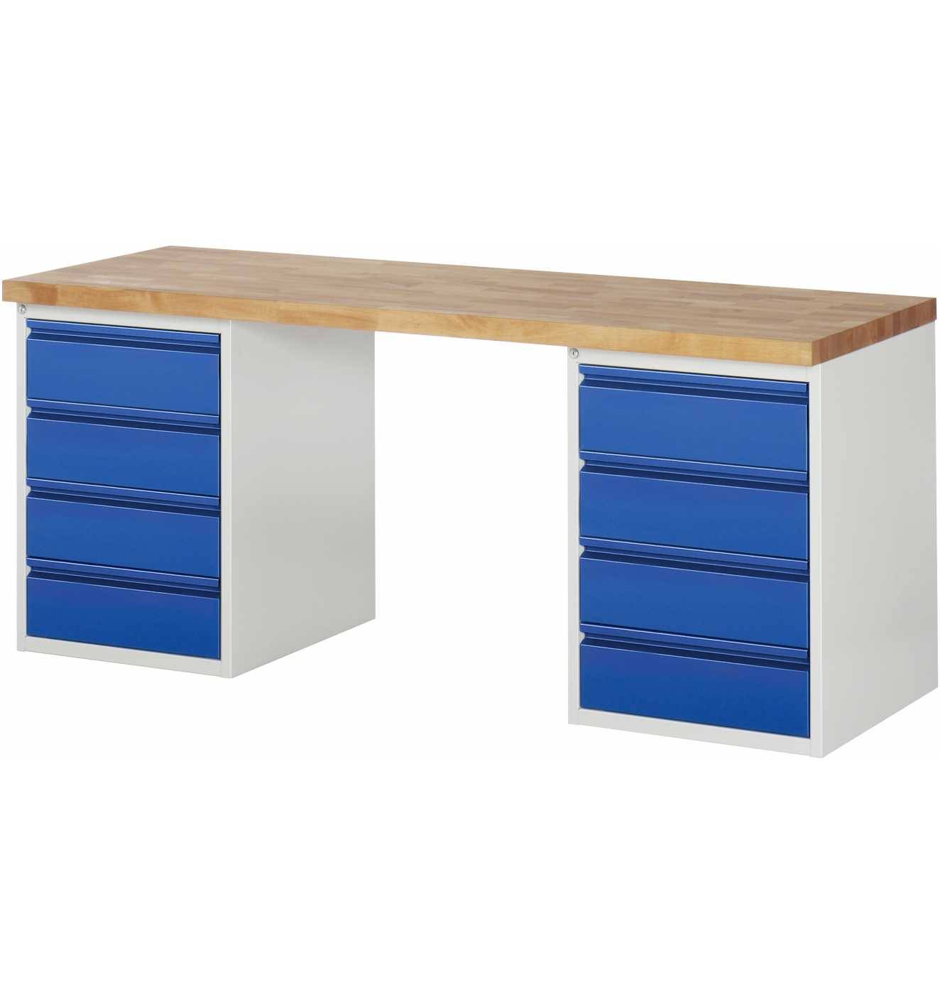 Werkbank - Modell 7509 BASIC, BxTxH 2000x700x890 mm, Buche-Massiv Arbeitsplatte 40 mm, 8 Schubladen mit Auszug 90 %