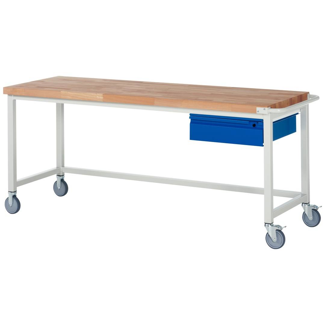 Fahrbare Werkbank - Modell 8001 BASIC, BxTxH 2000x700x880 mm, Buche-Massiv Arbeitsplatte 40 mm, 1 Schublade mit Ausz