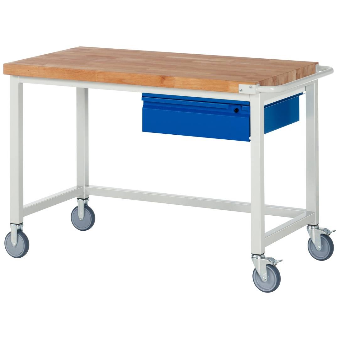 Fahrbare Werkbank - Modell 8001 BASIC, BxTxH 1250x700x880 mm, Buche-Massiv Arbeitsplatte 40 mm, 1 Schublade mit Ausz