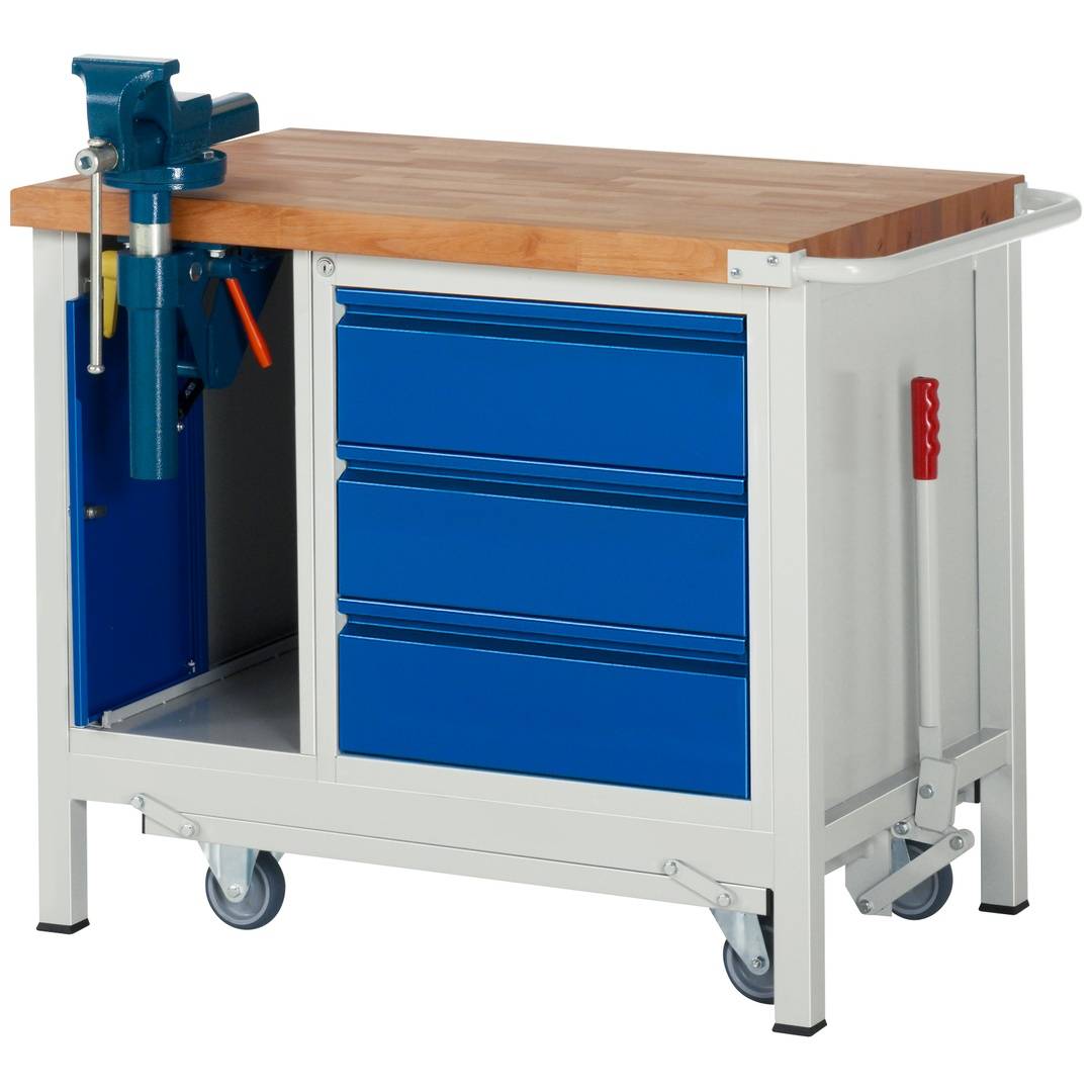 Absenkbare Werkbank - Modell 8183 BASIC, BxTxH 1000x700x880 mm, Buche-Massiv Arbeitsplatte 40 mm, 3 Schubladen mit A