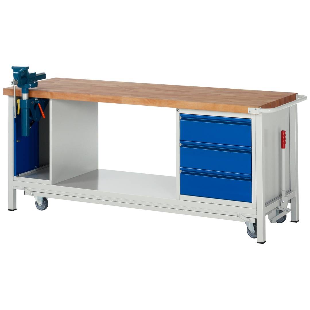 Absenkbare Werkbank - Modell 8183 BASIC, BxTxH 2000x700x880 mm, Buche-Massiv Arbeitsplatte 40 mm, 3 Schubladen mit A