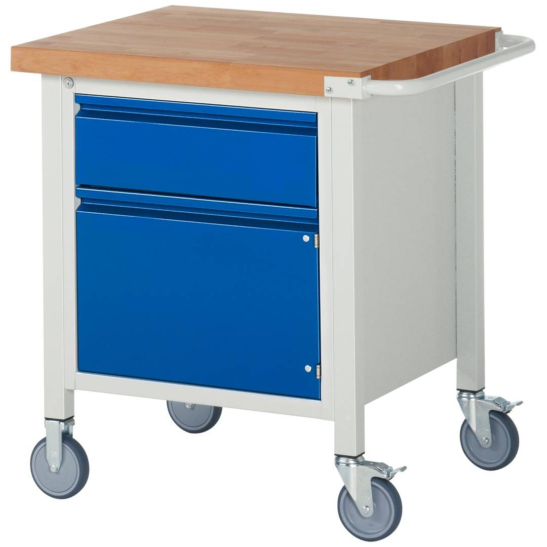 Fahrbare Werkbank - Modell 8002 BASIC, BxTxH 750x700x880 mm, Buche-Massiv Arbeitsplatte 40 mm, 1 Schublade mit Auszu