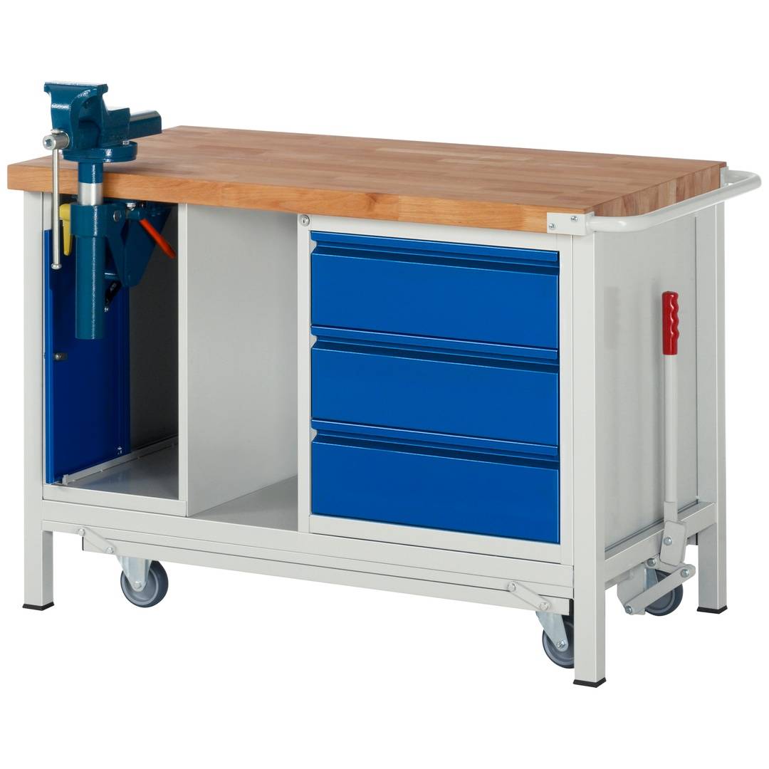 Absenkbare Werkbank - Modell 8183 BASIC, BxTxH 1250x700x880 mm, Buche-Massiv Arbeitsplatte 40 mm, 3 Schubladen mit A
