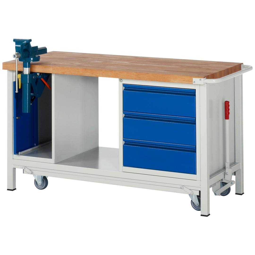 Absenkbare Werkbank - Modell 8183 BASIC, BxTxH 1500x700x880 mm, Buche-Massiv Arbeitsplatte 40 mm, 3 Schubladen mit A
