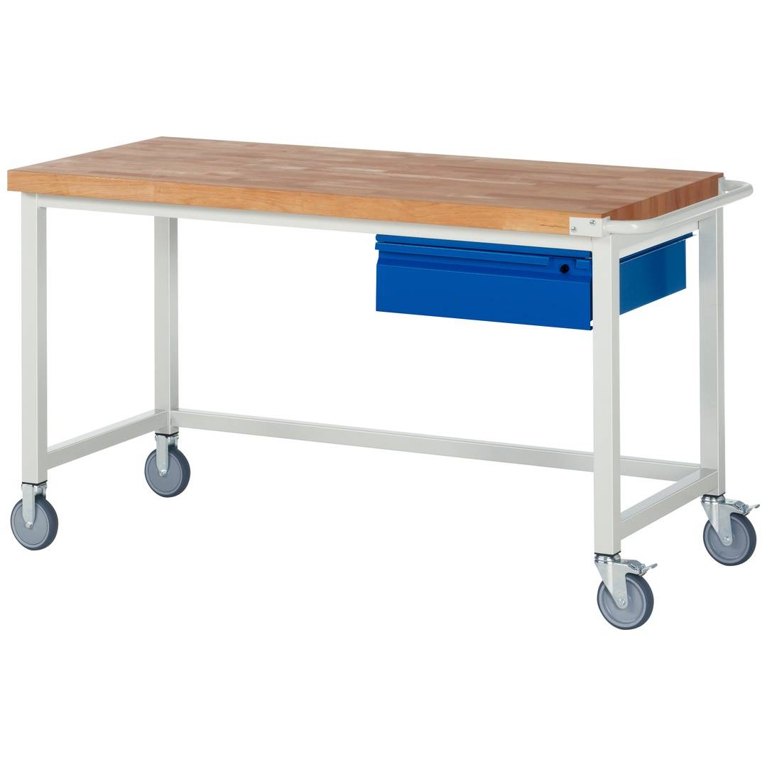 Fahrbare Werkbank - Modell 8001 BASIC, BxTxH 1500x700x880 mm, Buche-Massiv Arbeitsplatte 40 mm, 1 Schublade mit Ausz