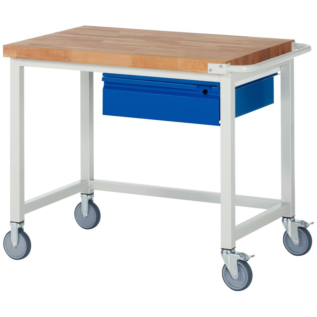 Fahrbare Werkbank - Modell 8001 BASIC, BxTxH 1000x700x880 mm, Buche-Massiv Arbeitsplatte 40 mm, 1 Schublade mit Ausz
