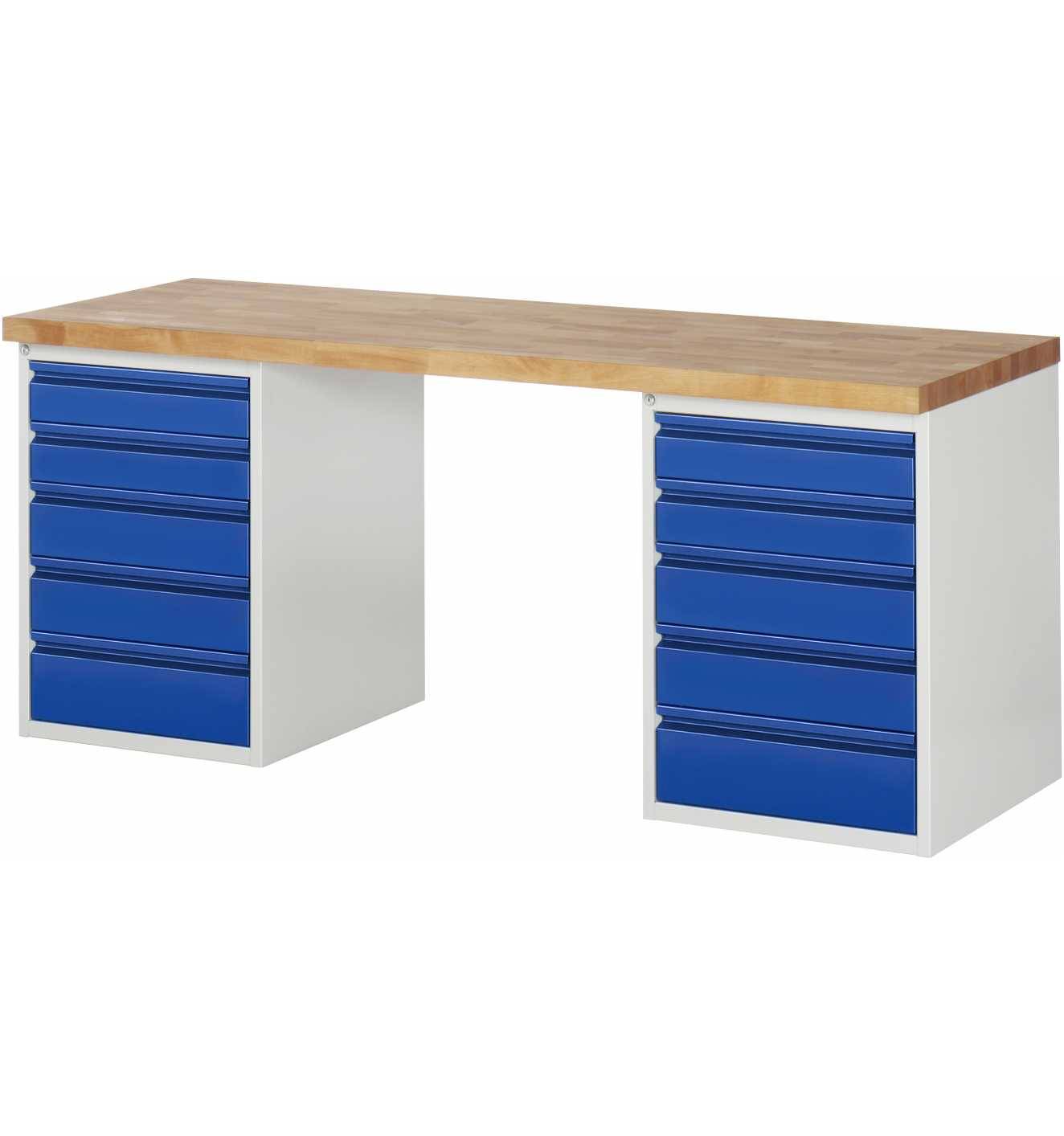 Werkbank - Modell 7513 BASIC, BxTxH 1500x700x890 mm, Buche-Massiv Arbeitsplatte 40 mm, 10 Schubladen mit Auszug 90 %
