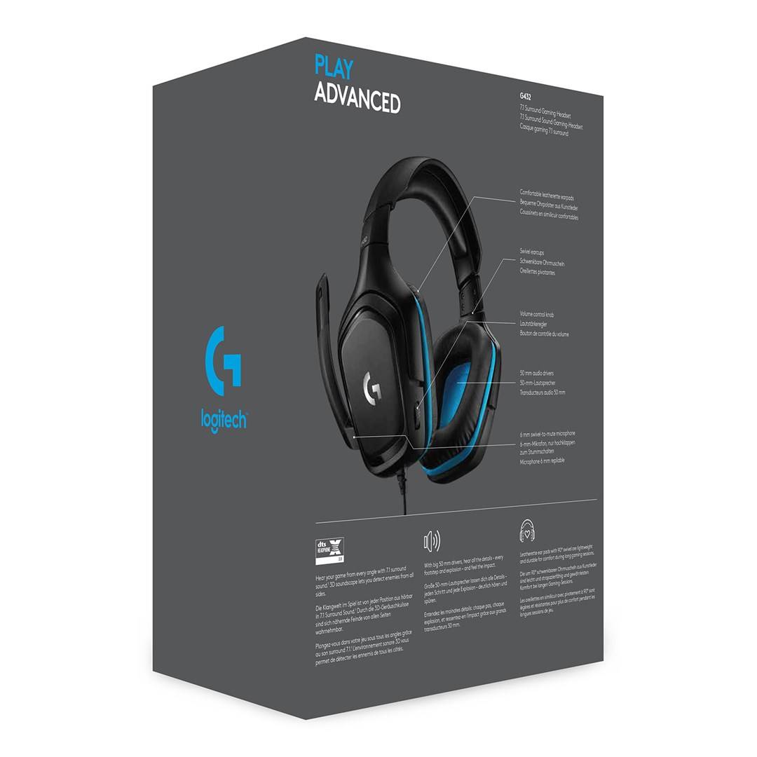 Logitech Gaming G432 Gaming Over Ear Headset kabelgebunden 7.1 Surround Schwarz, Blau Lautstärkeregelung, Mikrofon-Stummschaltung