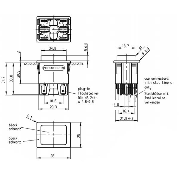 MARQUARDT Druckschalter, 01663.0101, tastend, 2 x Ein/(Ein), 250 V/AC, 12 A, Flachstecker 4,8 mm