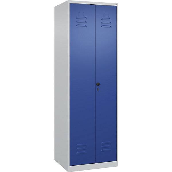 Putzmittelspind Classic PLUS 1 Abteil Trennwand mittig lichtgrau / enzianblau B 600 mm mit Bodengleitern