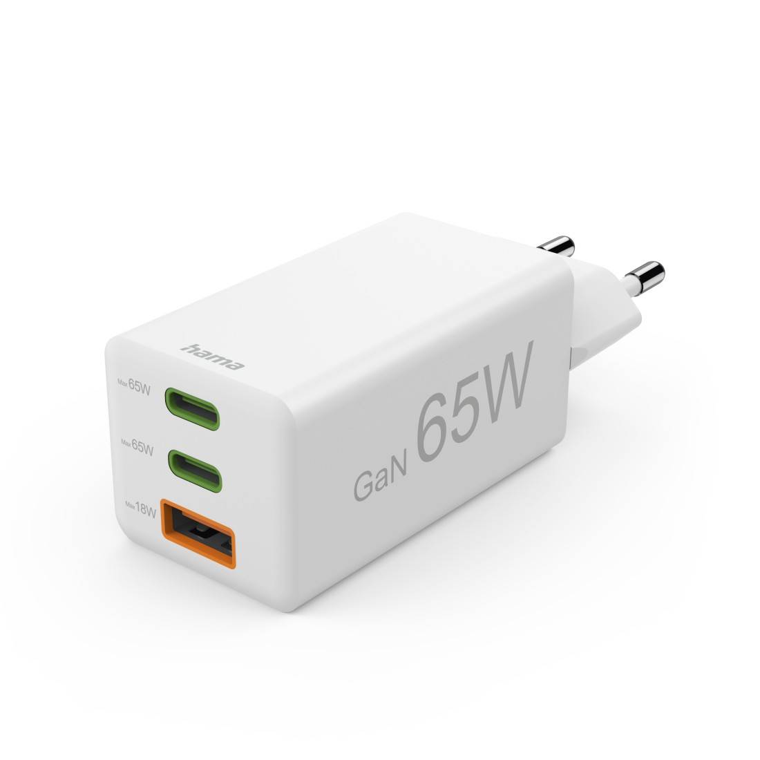 hama 00201996 Schnellladegerät, GaN, 2x USB-C, 1x USB-A, Mini-Ladegerät, PD, 65 W, Weiß