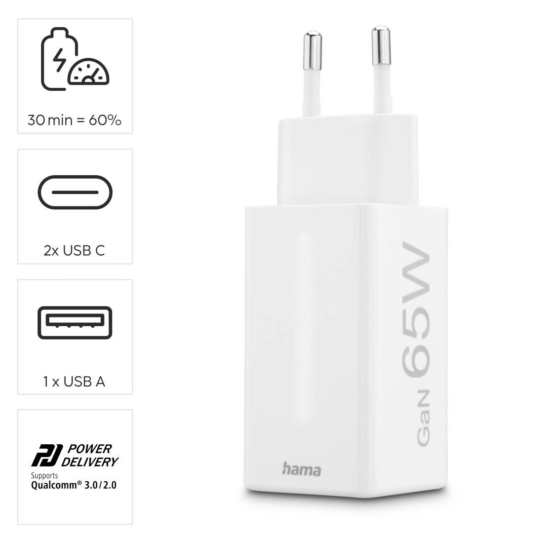 hama 00201996 Schnellladegerät, GaN, 2x USB-C, 1x USB-A, Mini-Ladegerät, PD, 65 W, Weiß