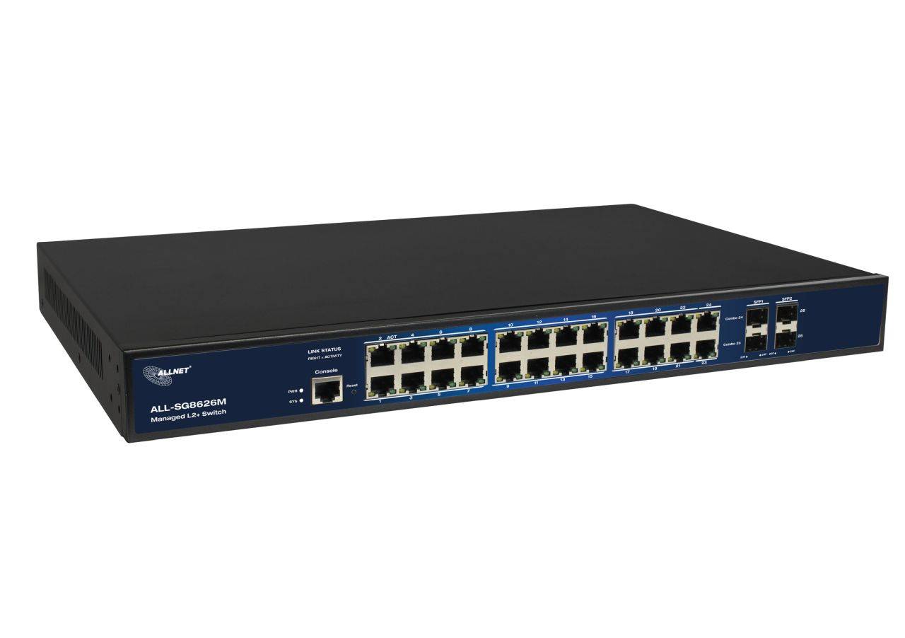 ALLNET Switch full managed 24 Port Gigabit 24x LAN 4x SFP Lüfterlos 19" - - 1 -