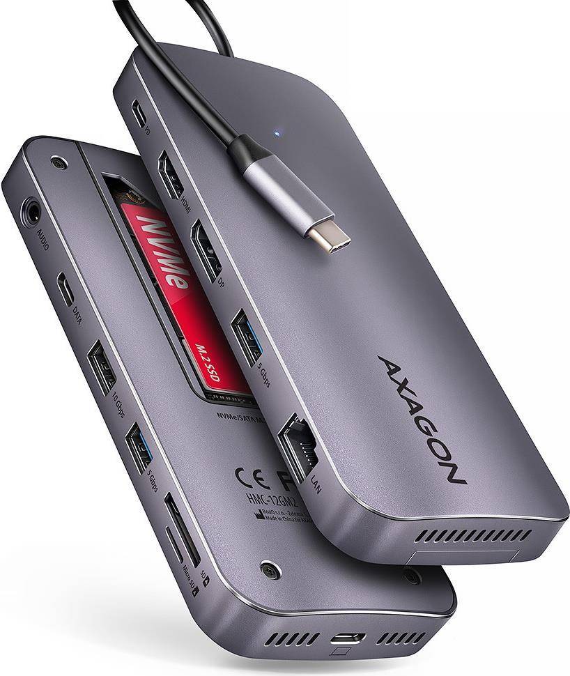 AXAGON HMC-12GM2 USB 10Gbps hub 3x USB-A USB-C HDMI DP RJ-45 M.2 SD/mSD audio