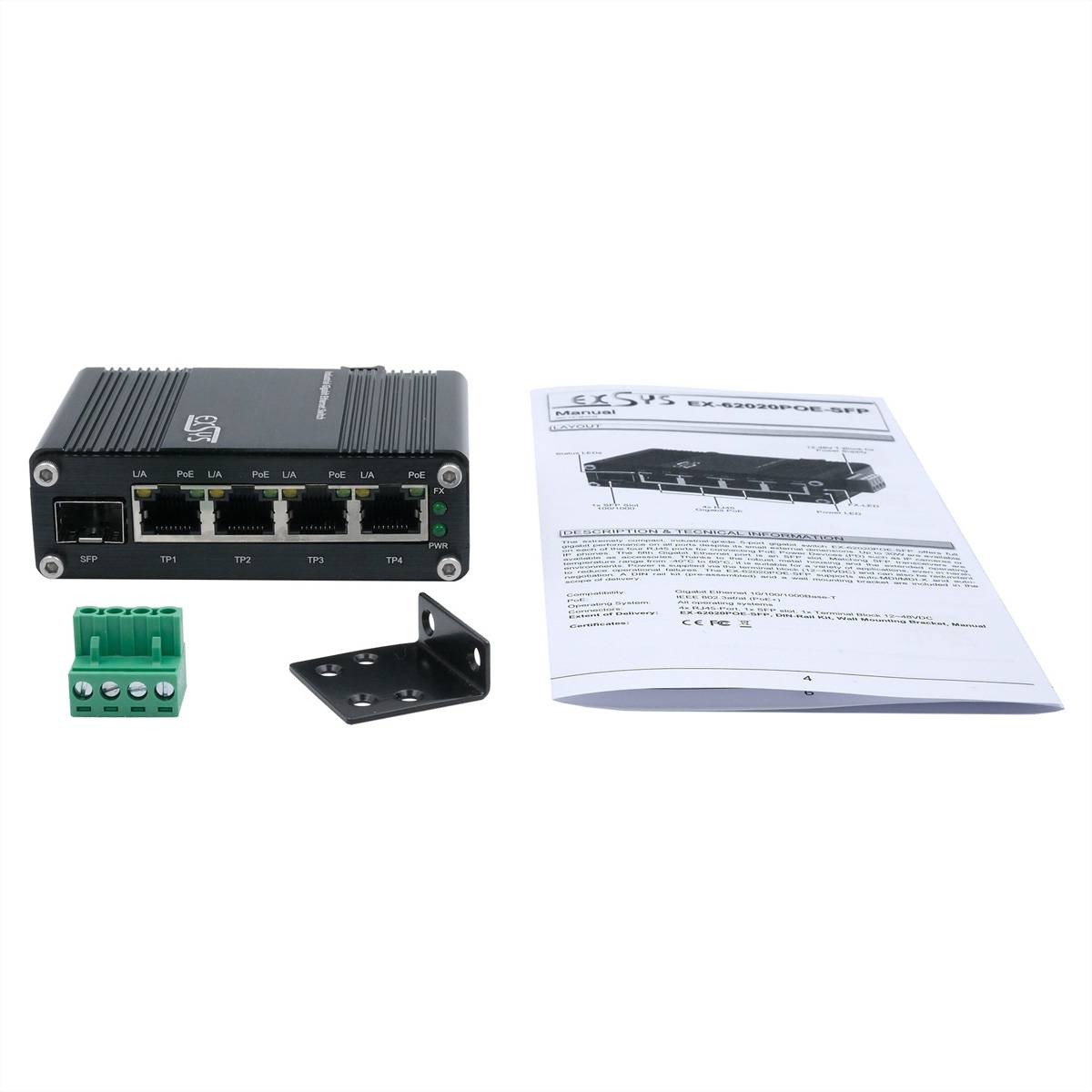 EXSYS EX-62020PoE 4-Port Industrie Ethernet Switch, PoE 1-Port 100/1000Fx SFP