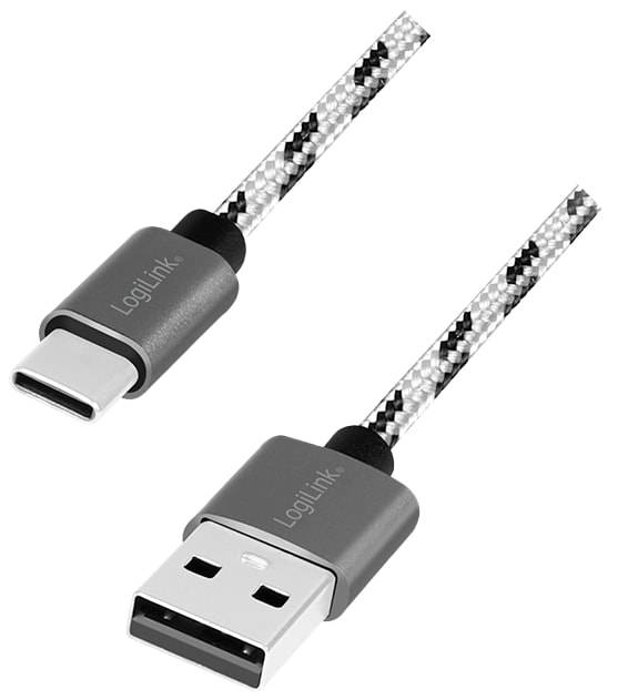 LogiLink USB 2.0 Type-C Kabel-Set, C/M zu USB-A/M, Alu, Nylon, weiß/schwarz