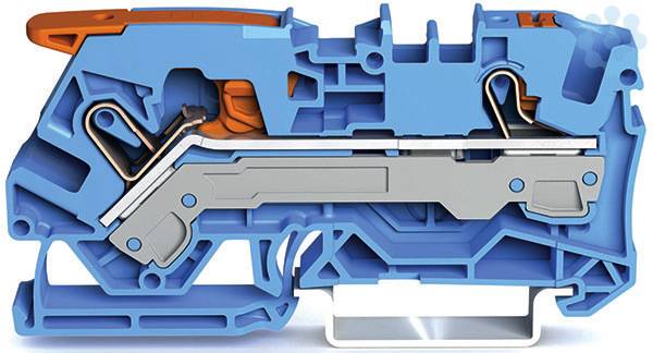 2-L-Durchgangsklemme 2106-5204 mit Hebel und Drücker 6qmm blau