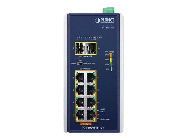 PLANET IGS-1020PTF-12V - Switch - unmanaged - 8 x 10/100/1000 (PoE+)