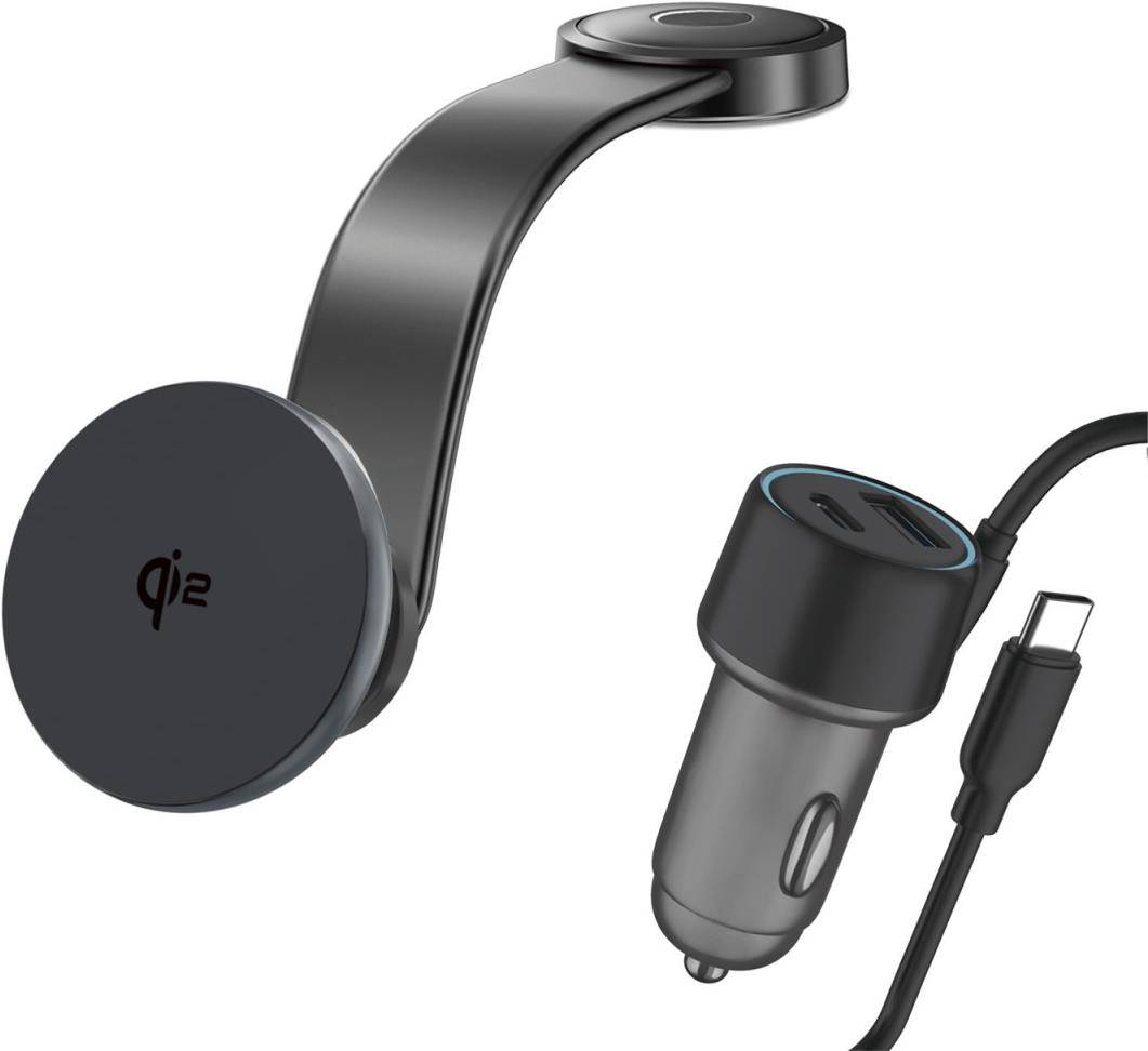4smarts Kfz-Halterung für induktives Laden - Qi2 - 30 Watt - 3 A - 2 Ausgabeanschlussstellen (24 pin USB-C, USB)