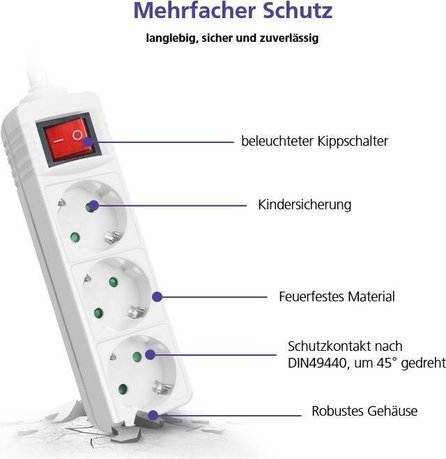 Helos 262791, 3 m, Drinnen, 1,5 mm², Weiß, 3 AC-Ausgänge, 230 V