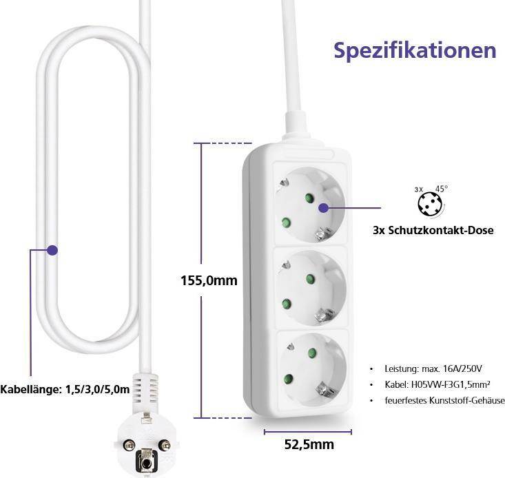 Helos CLASSIC - Steckdosenleiste - Wechselstrom 230 V - 4000 Watt - Ausgangsanschlüsse: 3 - 5 m Schnur