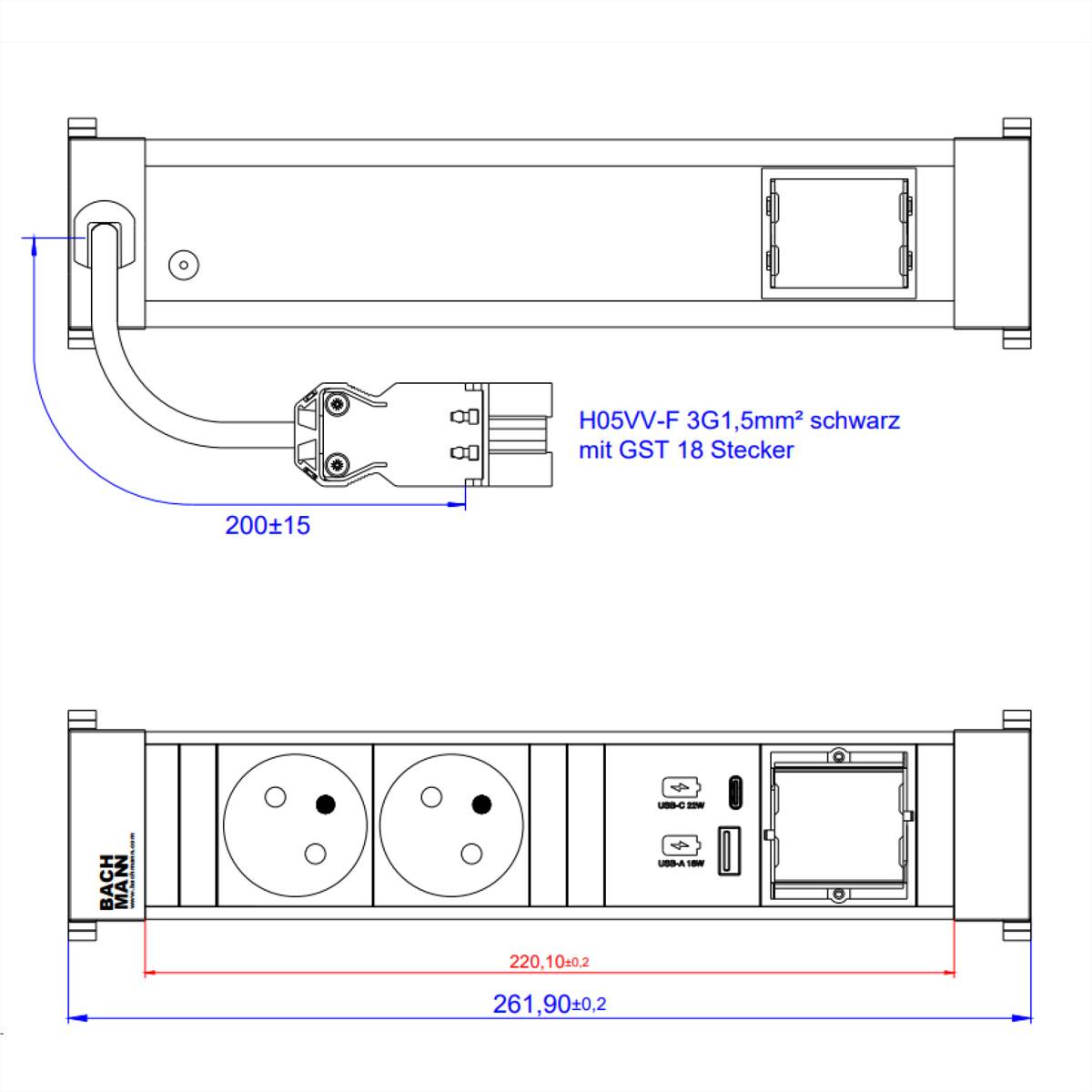 BACHMANN POWER FRAME M 2xUTE 1xCM 1xUSB A/C 22W 0,2m GST18