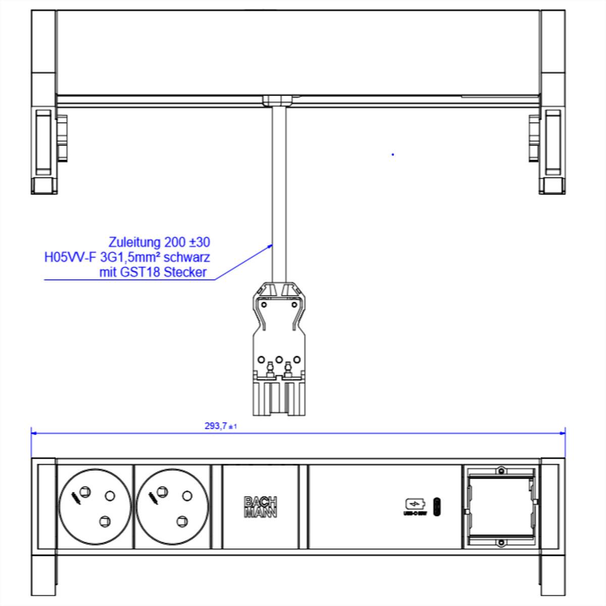 BACHMANN DESK2 ALU BLACK 2xUTE 1xCM 1xUSBC 60W 0,2m GST18