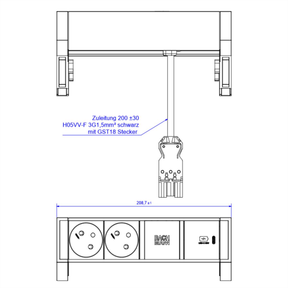 BACHMANN DESK2 ALU BLACK 2xUTE 1xUSBC 30W 0,2m GST18