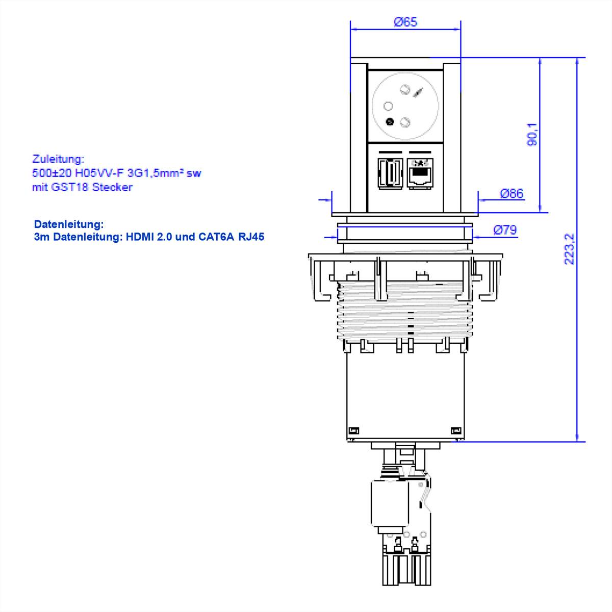 BACHMANN ELEVATOR 1xUTE 1xHDMI 1xCAT6A 90° 0,5m GST18