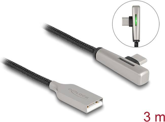 Delock USB 2.0 Kabel Typ-A Stecker zu Type-C gewinkelt mit LED und - 3 m