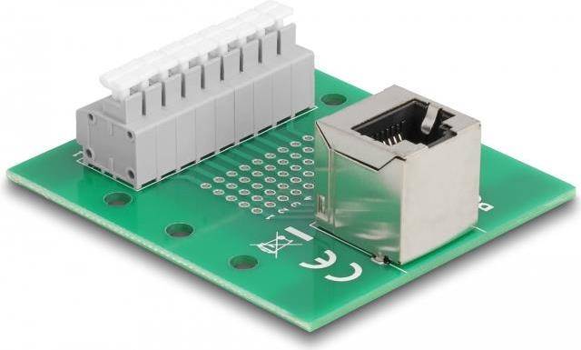 Delock RJ45 Buchse zu Terminalblock mit Drucktaster für Hutschiene gewinkelt