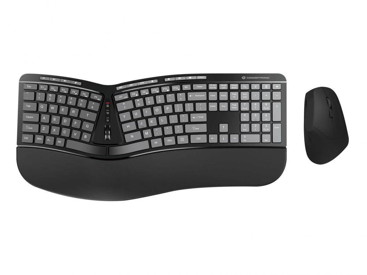 Conceptronic Wireless Keyboard+Mouse ergo sw - Tastatur - 1.600 dpi - TL: US, QWERTY