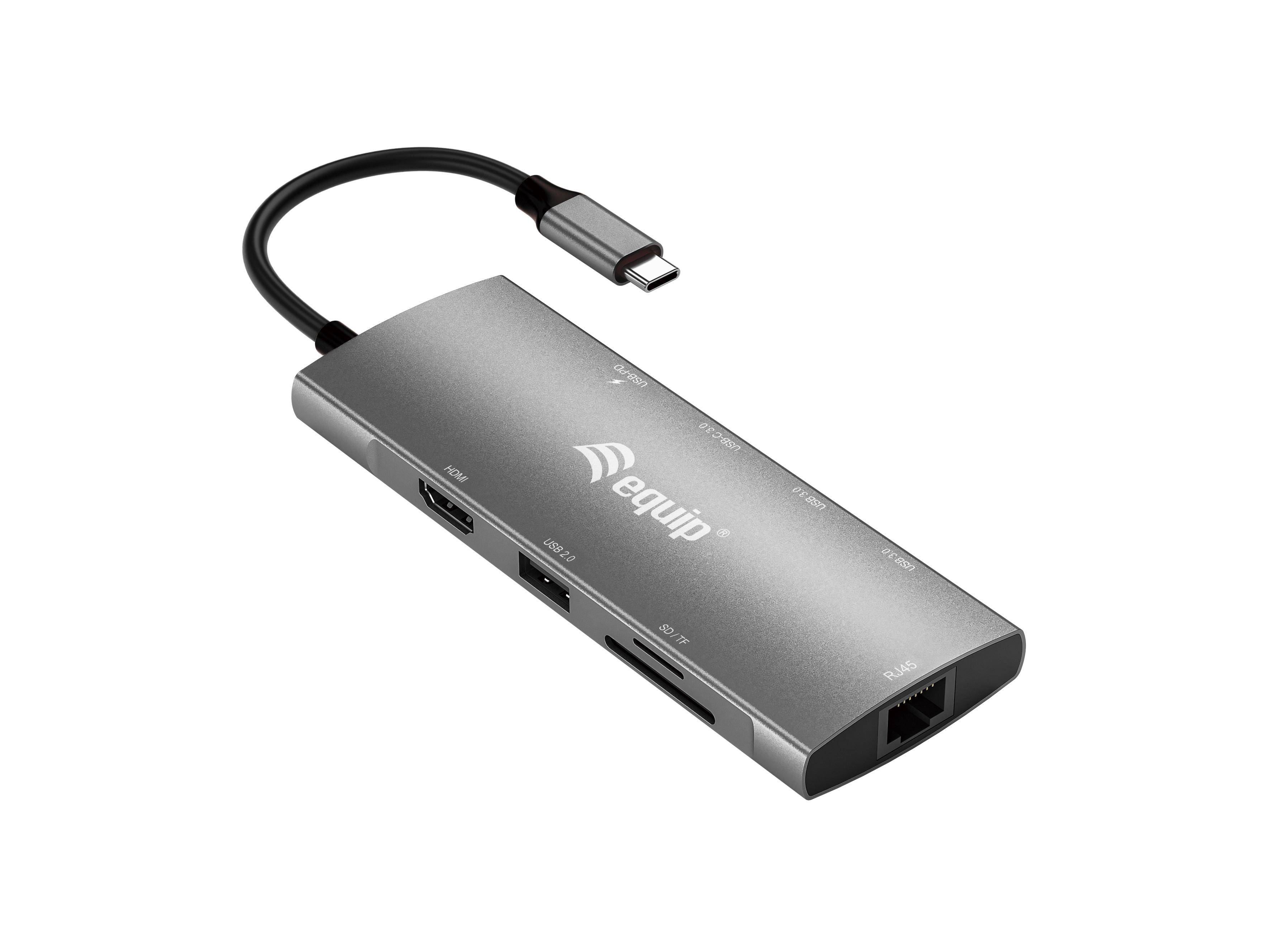 Equip Dock USB-C->HDMI Gigabit LAN USB3.0.100WPD SD/TF 0.25m - Grau