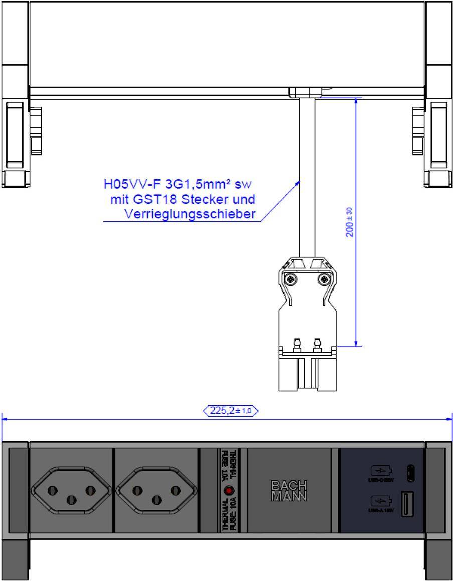 BACHMANN DESK2 2xCH 1xUSB A/C 22W, 0,2m GST18 RAL9010 Schweiz