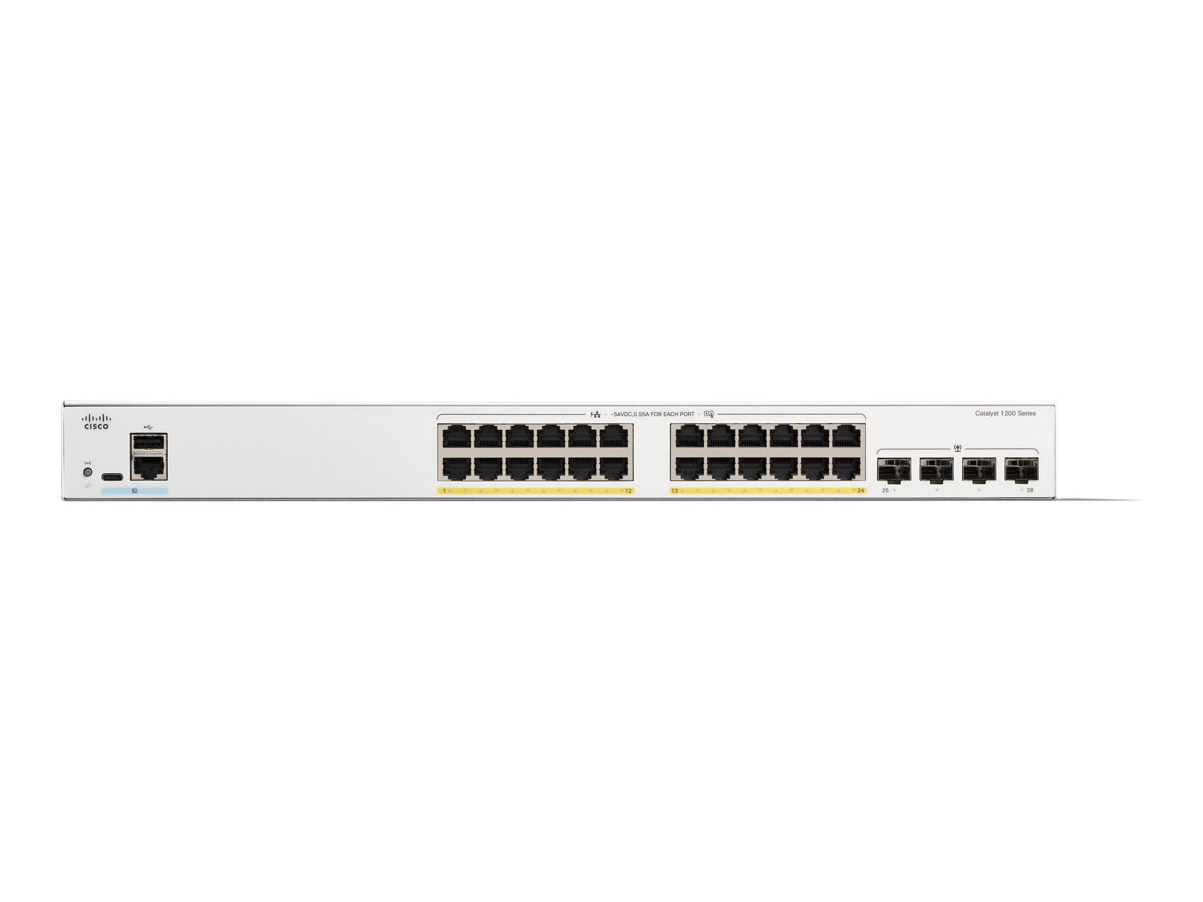 Cisco Catalyst 1200-24P-4G - Switch - L3 - Smart - 24 x 10/100/1000Base-T + 4 x 10 Gigabit SFP+ - an Rack montierbar - P