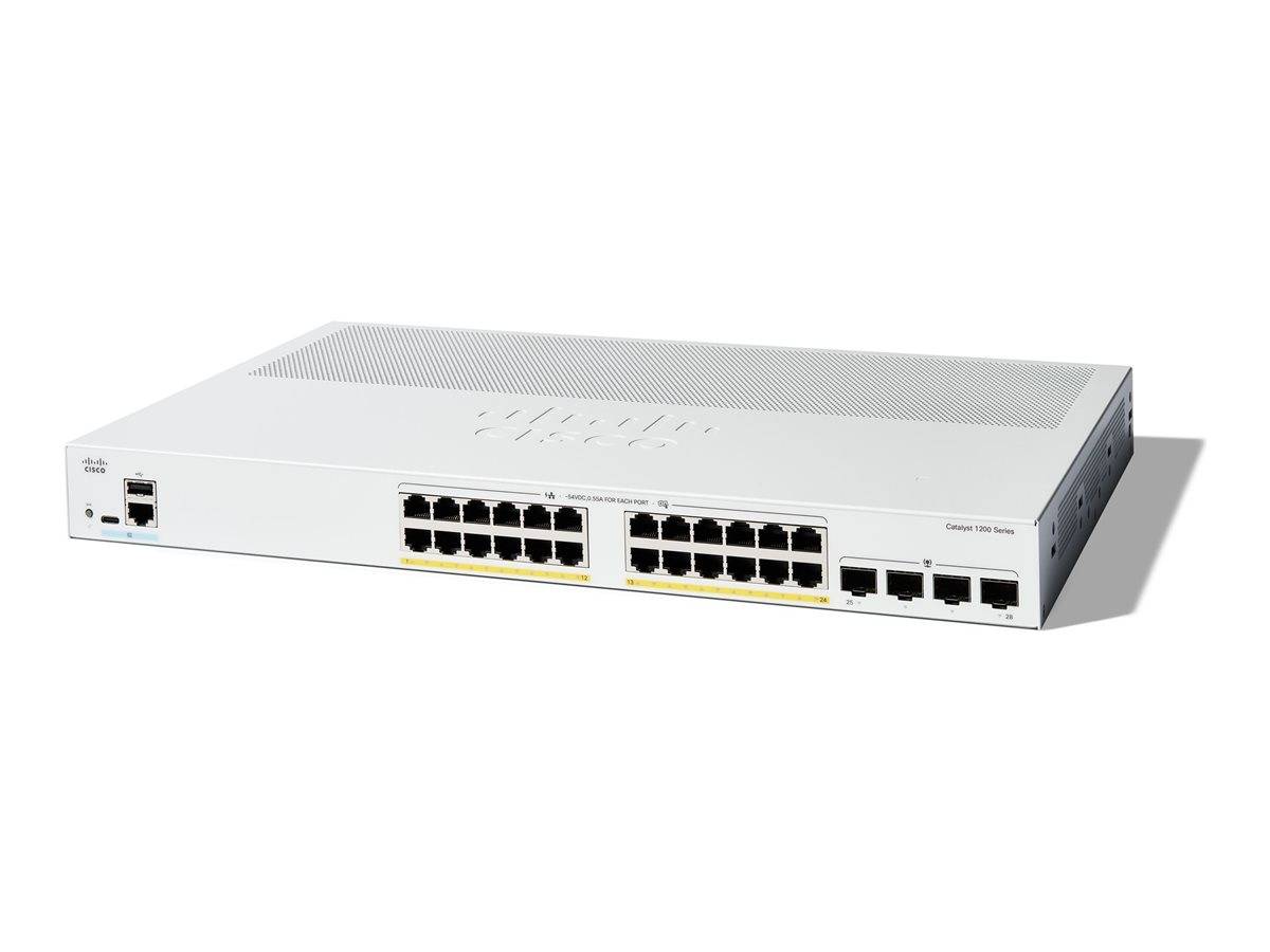 Cisco Catalyst 1200-24P-4G - Switch - L3 - Smart - 24 x 10/100/1000Base-T + 4 x 10 Gigabit SFP+ - an Rack montierbar - PoE+ (195 W)