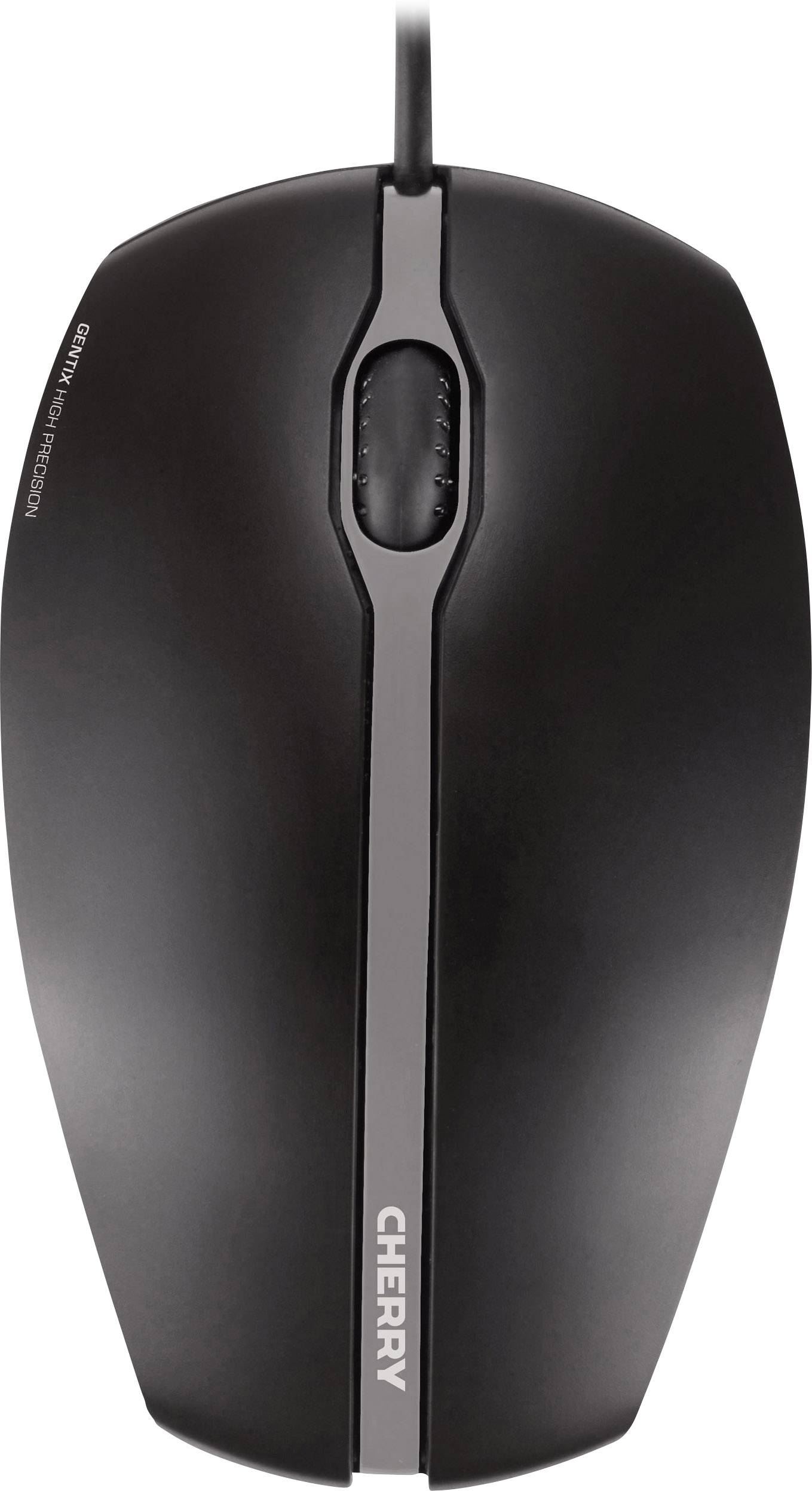 Schwarze Computermaus mit zwei Tasten und einem Scrollrad. Oben das Logo 'CHERRY'.