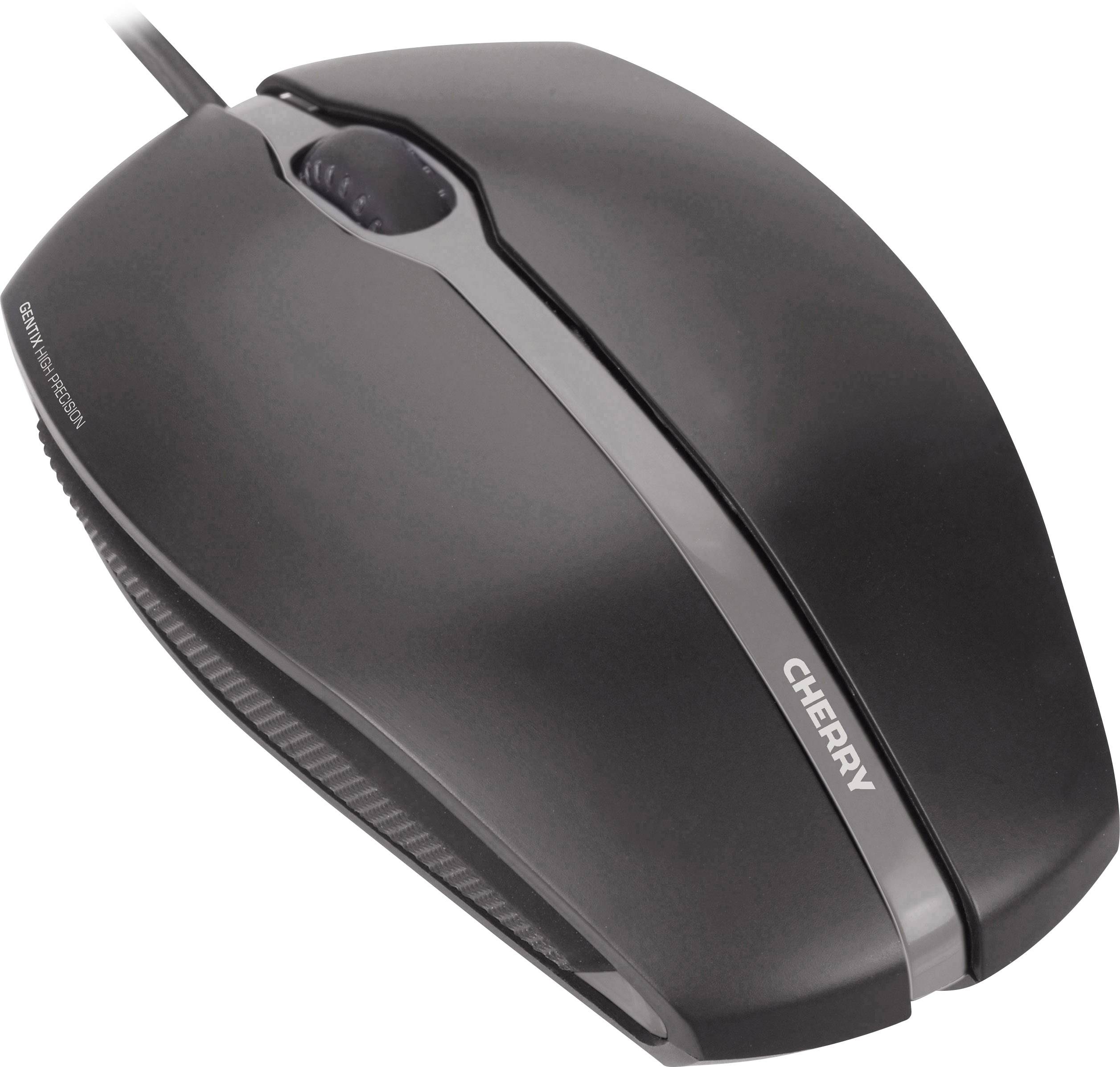 Schwarze Computermaus von CHERRY mit ergonomischem Design und Scrollrad oben. Kabelgebunden, für präzise Steuerung und Komfort.