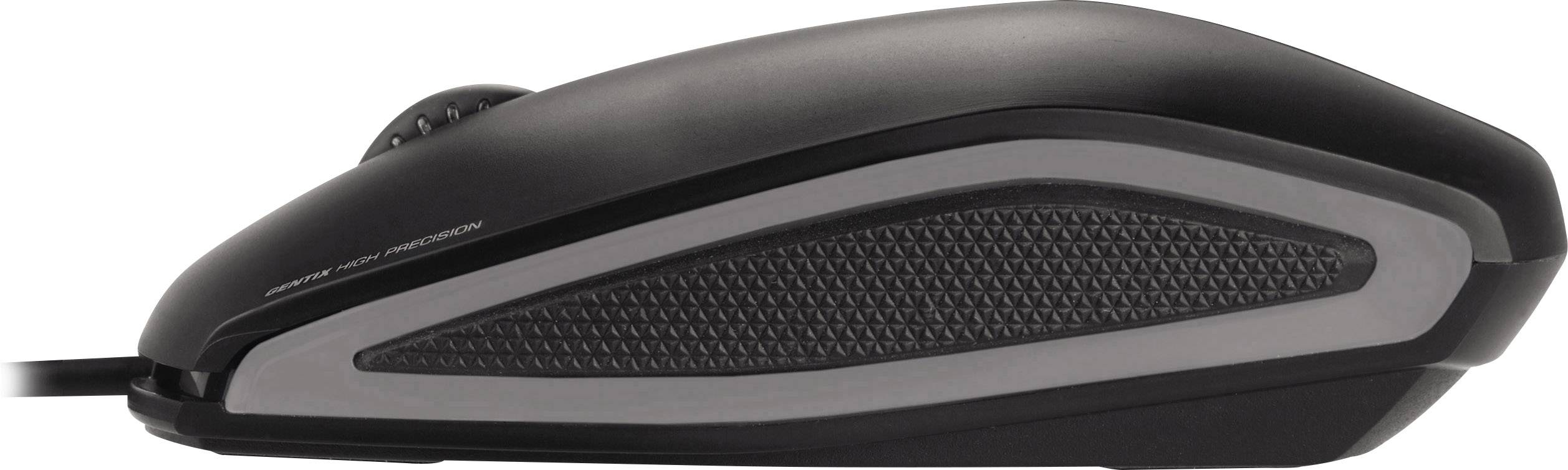Eine schwarze Computermaus mit Kabel, seitliche Ansicht, zeigt ergonomische Form mit texturiertem Griffbereich.